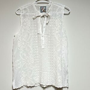 Johnny Was Embroidered Sleeveless Tank Top Womens Ivory Eyelet  Sz S Host Pick